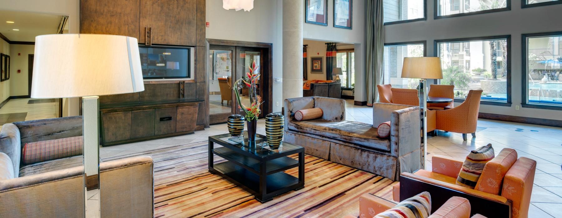 a living room with a large window